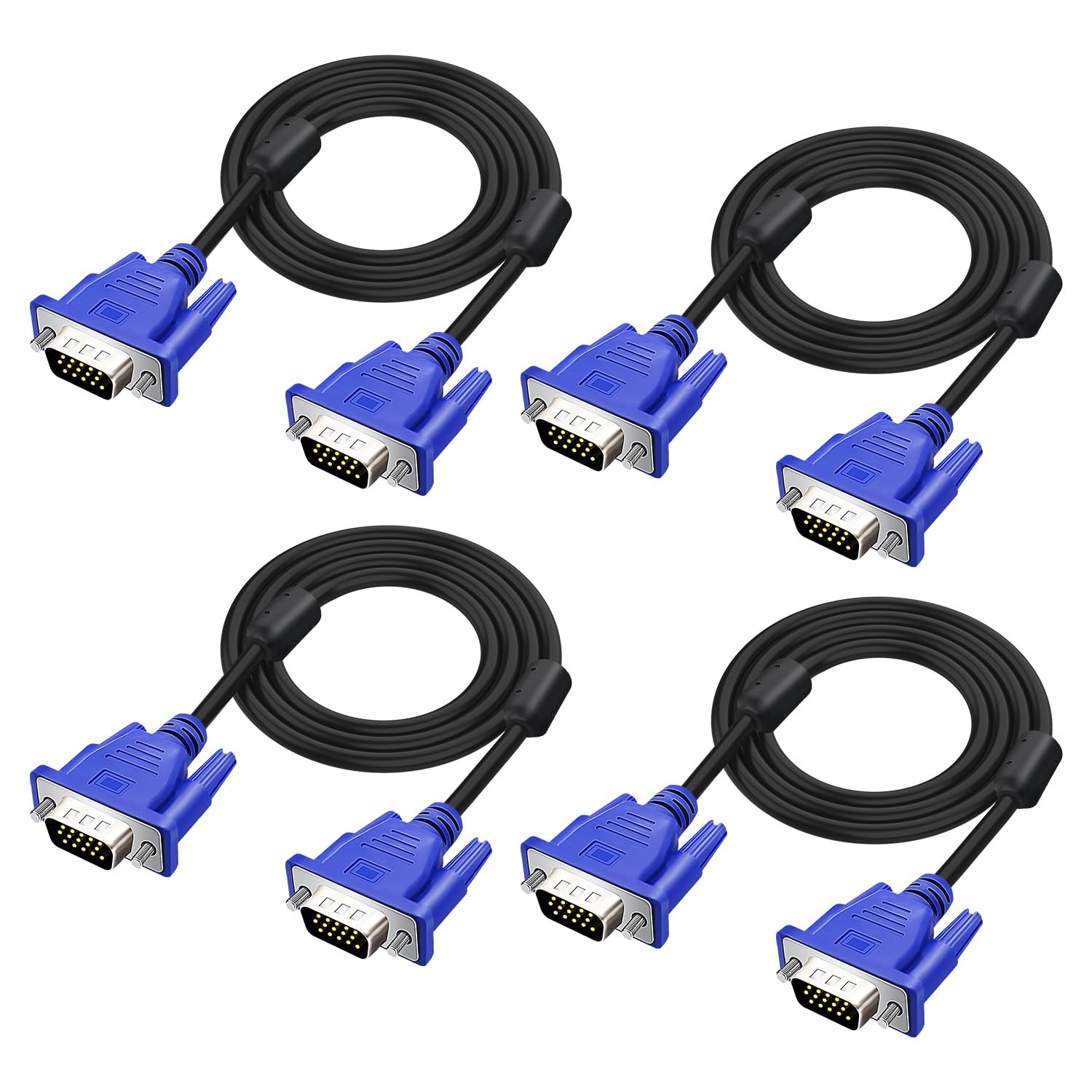 4 PCS 5FT HD15 VGA Male To Male Cable For TV Computer Monitor Blue Plug