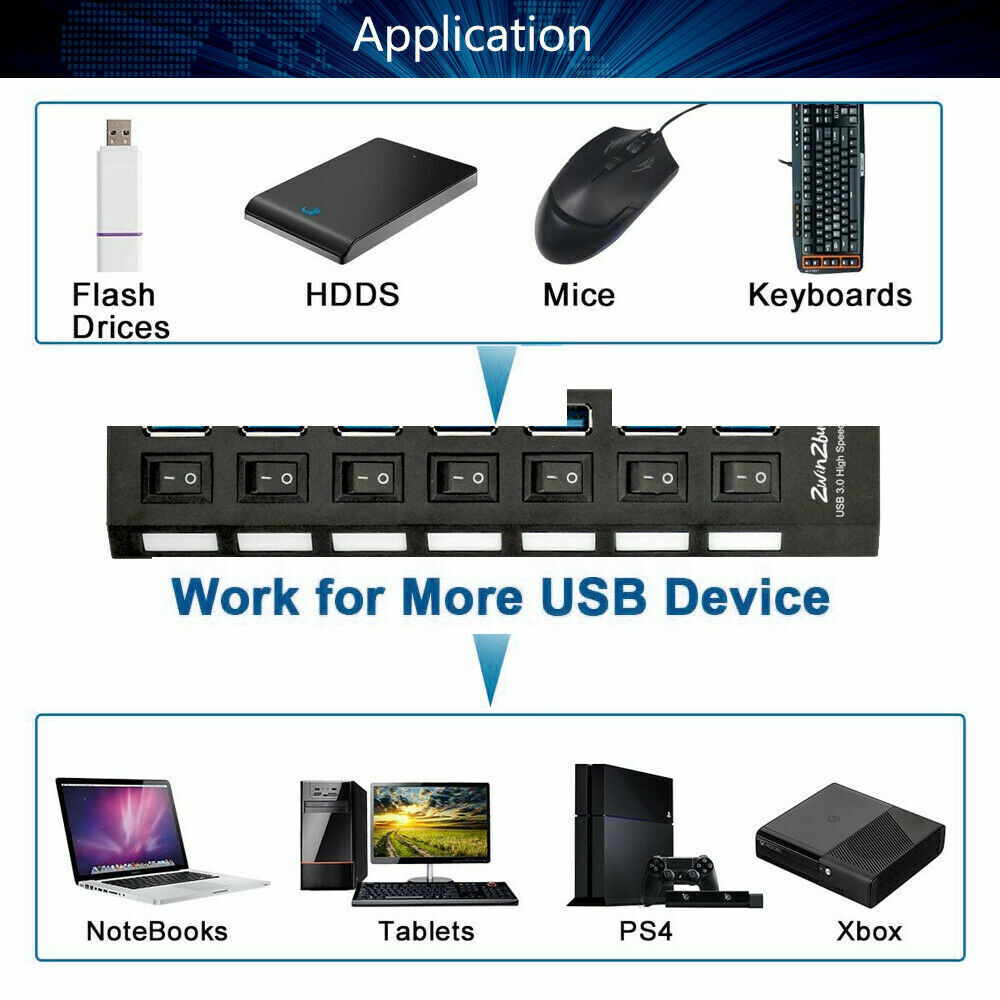 7 Port USB 2.0 / 3.0 Hub Splitter Adapter High Speed For PC Laptop Mac Desktop