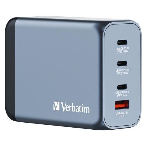 Verbatim 200 W 4-Port GaN Wall Charger, Black/Gray