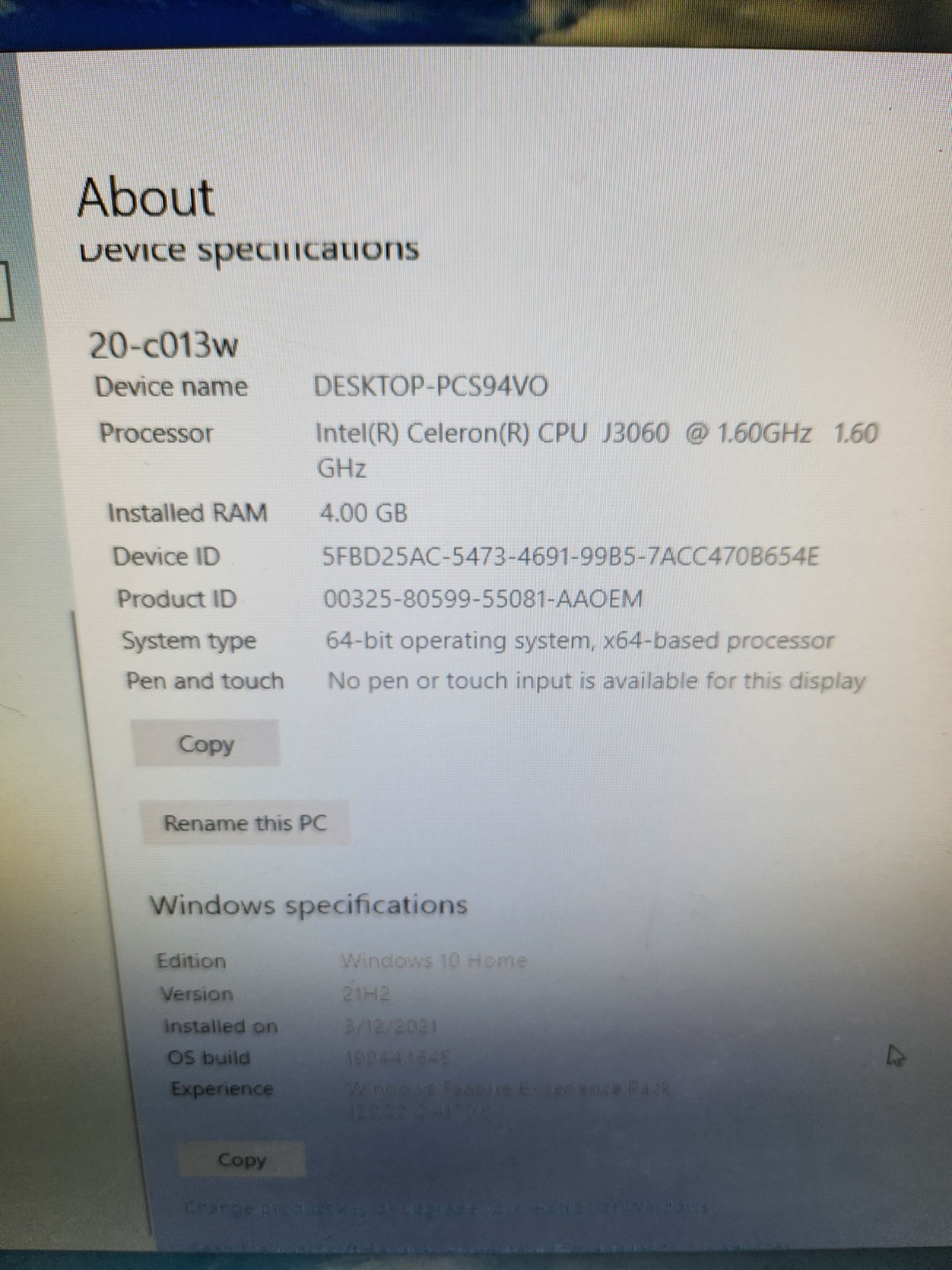 HP 20-C013W All-in-One Intel Celeron J3060 1.60GHz 4GB RAM 500GB HDD Win 10 READ