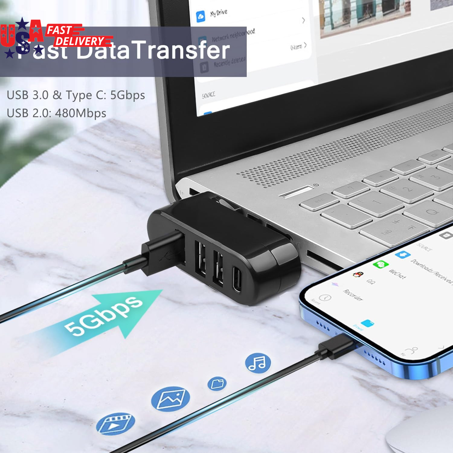4-Port USB 3.0 Hub Rotating 90/180 Degree USB Splitter w/ USB-C Power Input, 5Gb