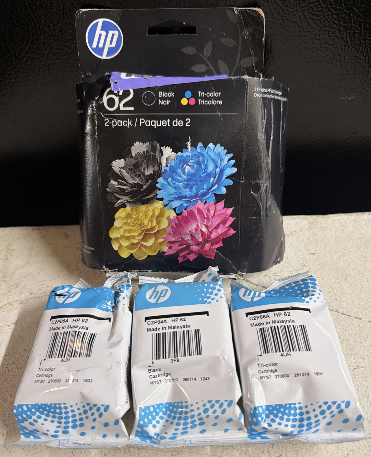 HP 62 Black & Tri- Color Ink Cartridges – Open Box – 12/2027