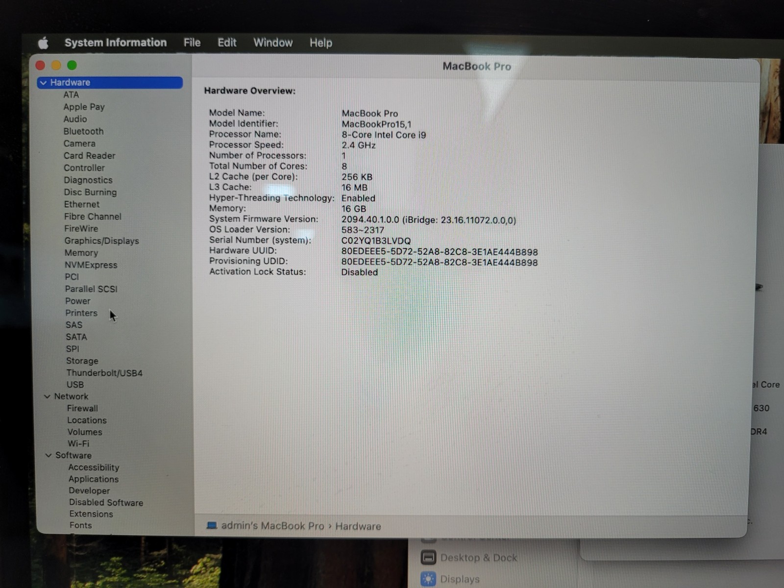 Apple MacBook pro 15″A1990 i9-9980Hk 2.4gh 16gb ram 1tb ssd sequoia C02YQ1B3LVDQ