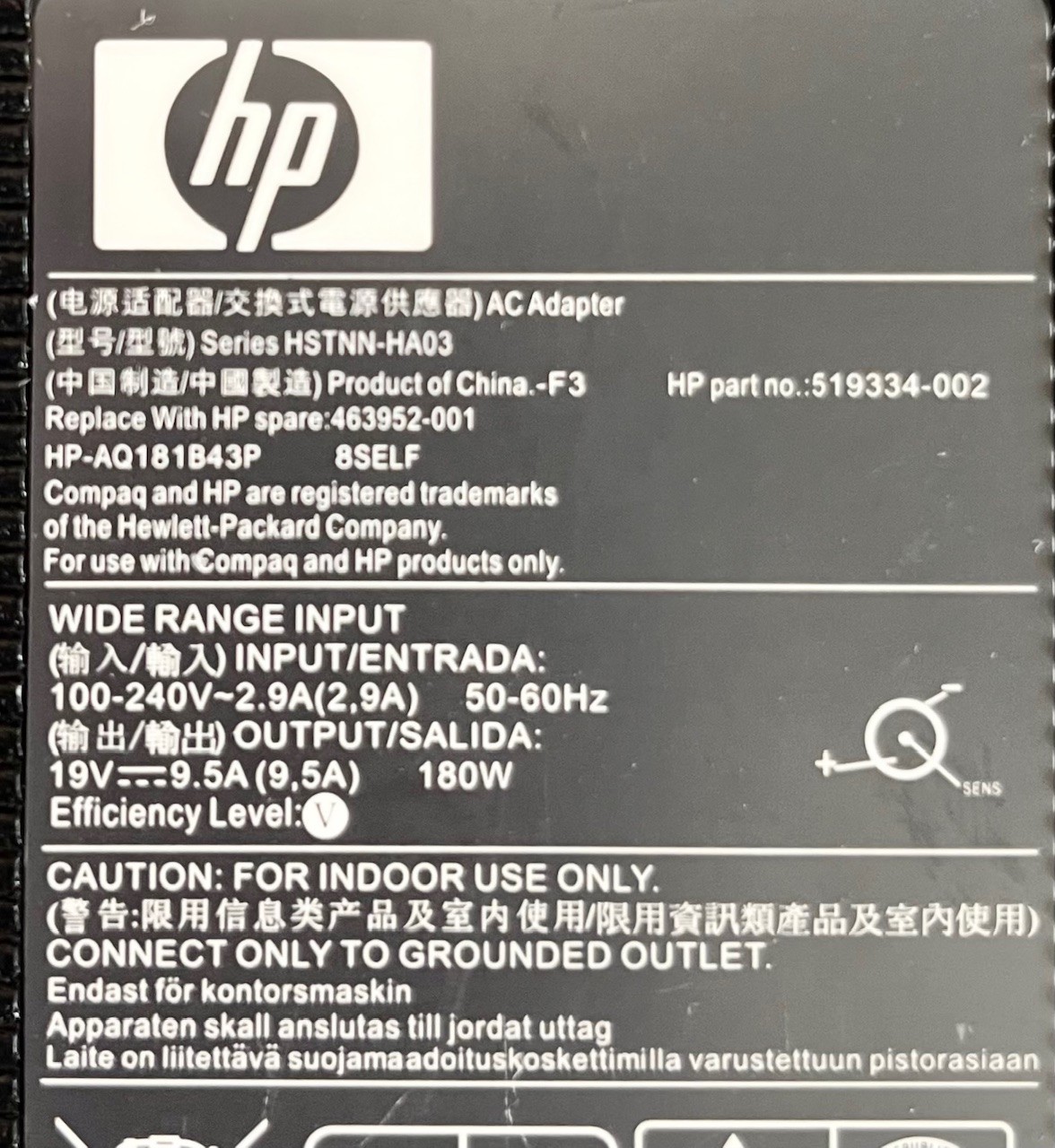 Genuine HP HP-AQ181B43P Adapter 100-240VAC input 19VDC 9.5A 180W output – Tested