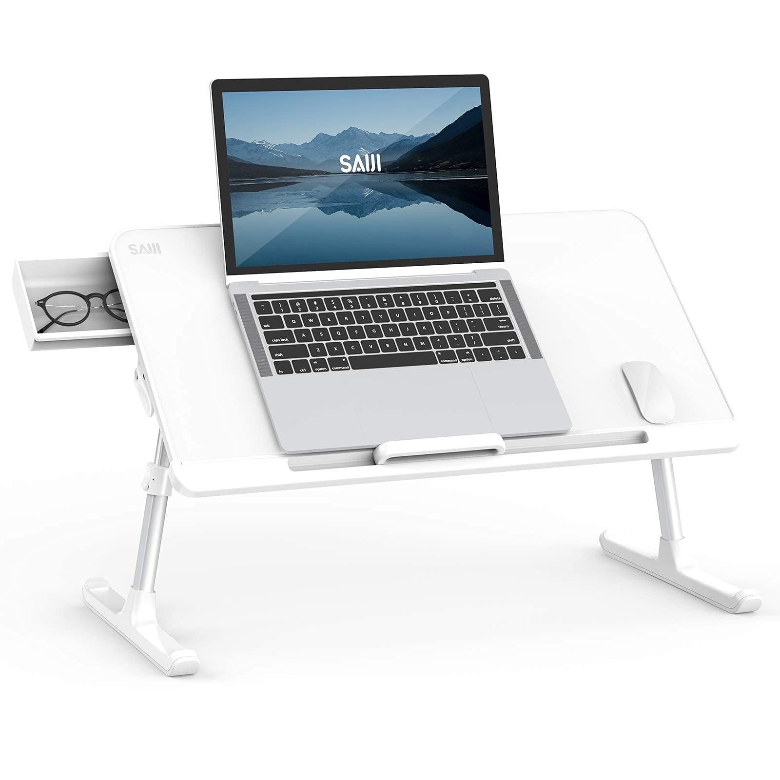 SAIJI Laptop Bed Tray Table, Adjustable PVC Leather 23.6 x 12.6 In, White