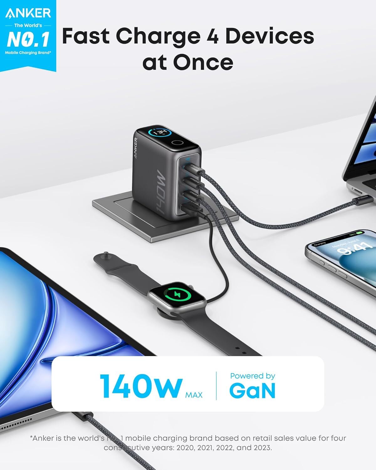 Anker 140W USB-C Charger 4-Port Laptop Advanced GaN Power Adapter for Mac/iPhone