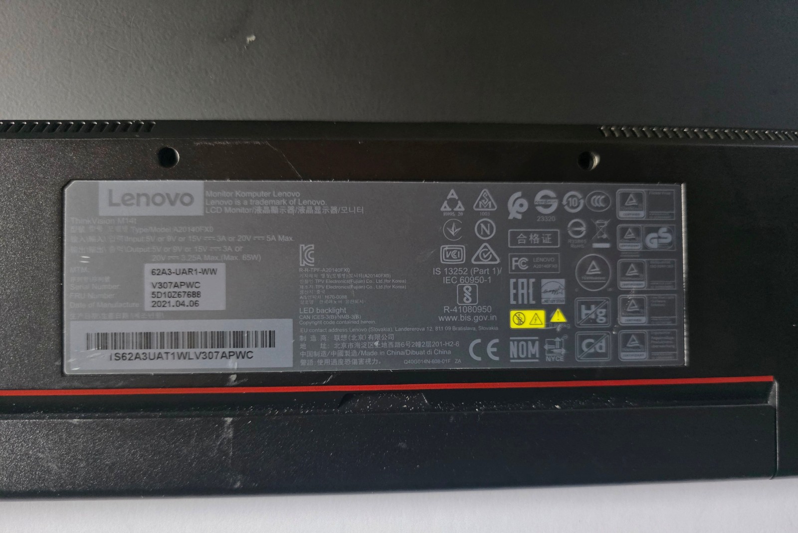Original Black Lenovo ThinkVision M14t USB-C LED DISPLAY MONITOR ONLY -A20140FX0