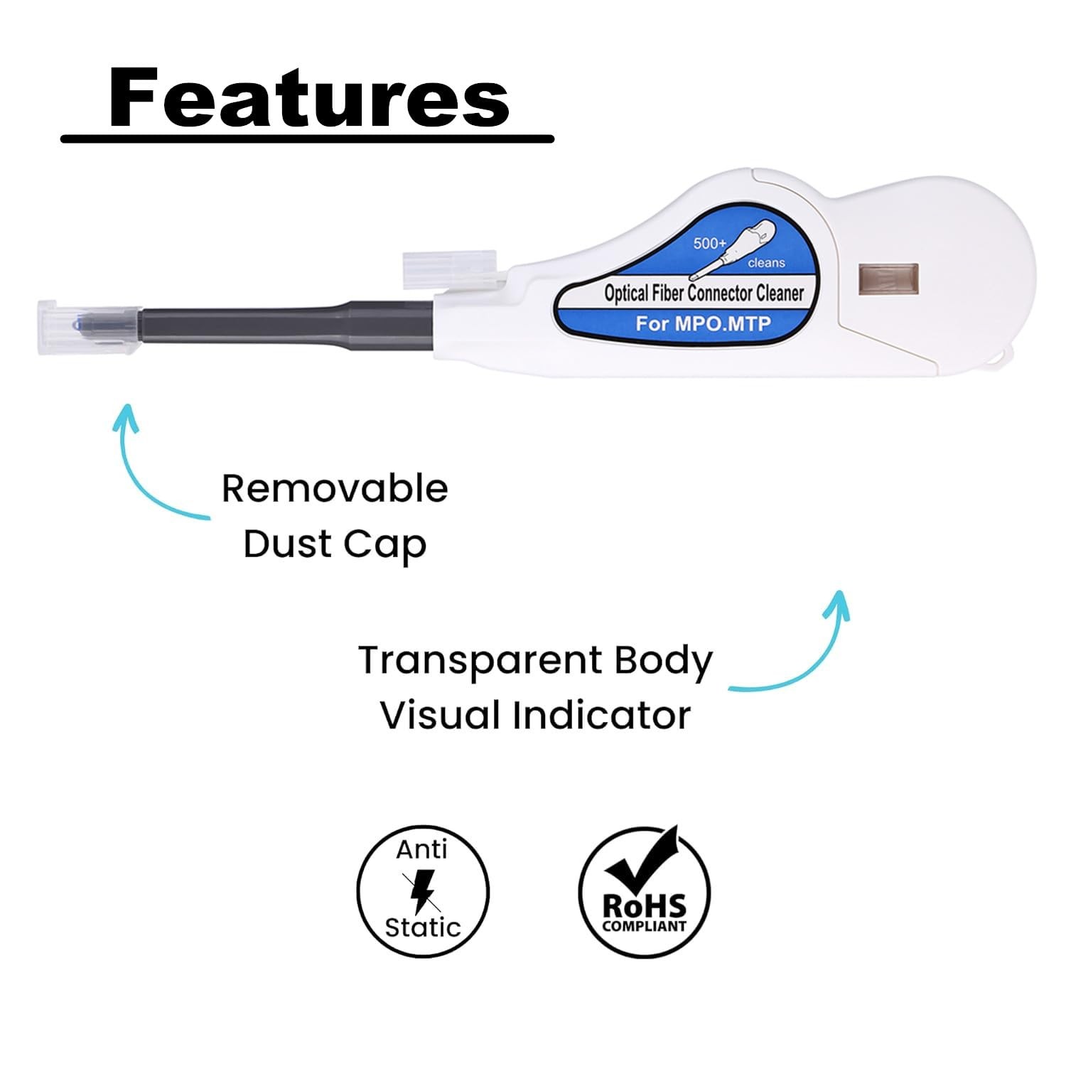 Fiber Optic Cleaner for MPO/MTP Connectors, Over 500 Cleans, Fiber Endface & Opt