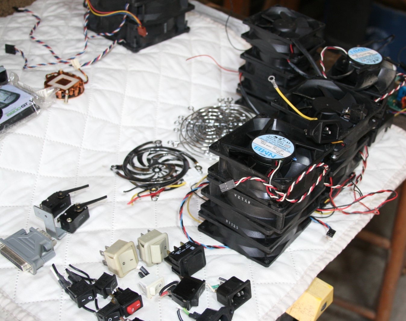 Misc Computer Parts, fans, switches,speakers, see description.
