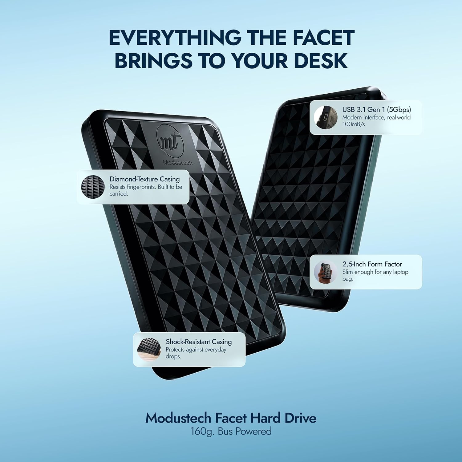 Facet 500GB Ultra-Slim Portable External Hard Drive – USB-C & Dust Resistant