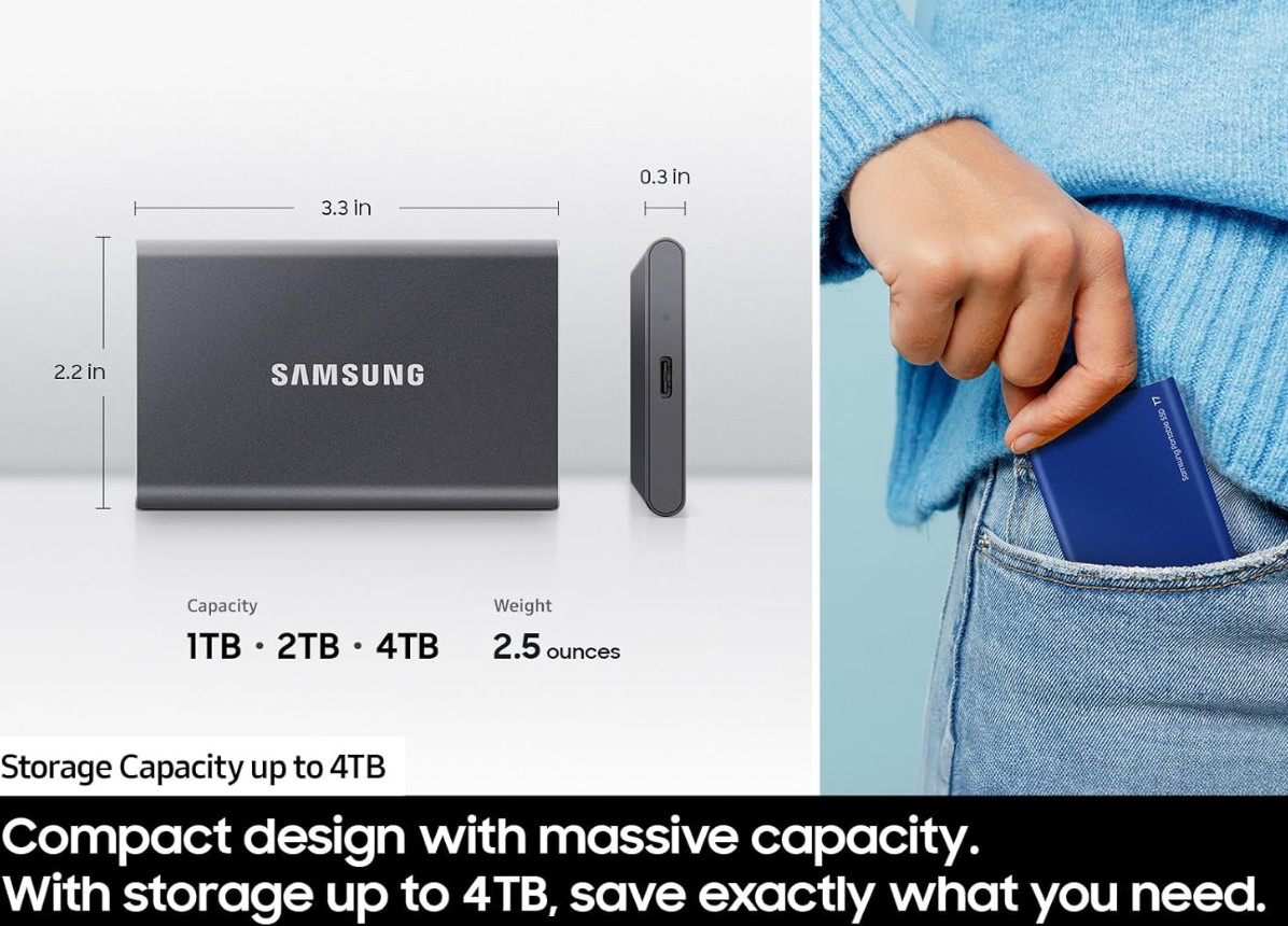 SAMSUNG T7 Portable SSD, 2TB External Solid State Drive, MU-PC2T0T/AM GRAY