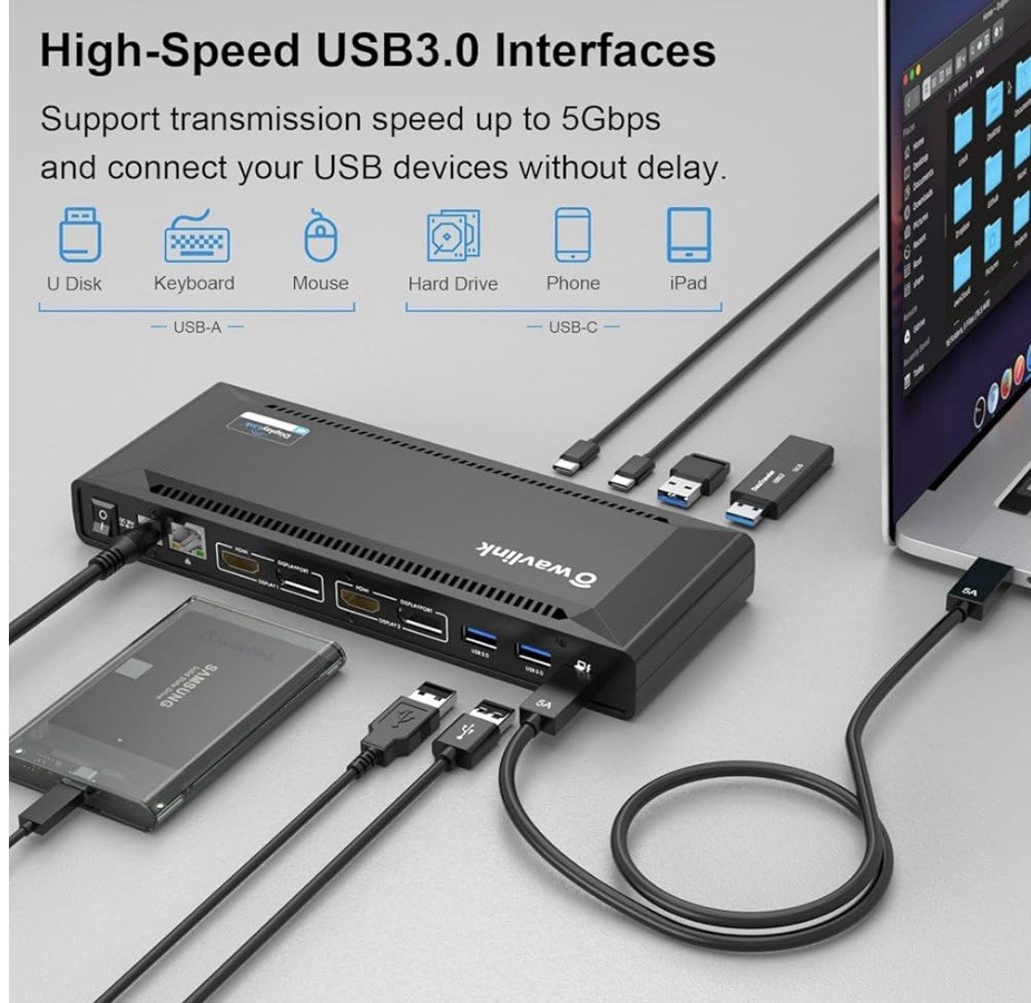 USB C Docking Station DisplayLink Dock 2/3 Monitors HDMI DP 4K 60Hz w/Charging
