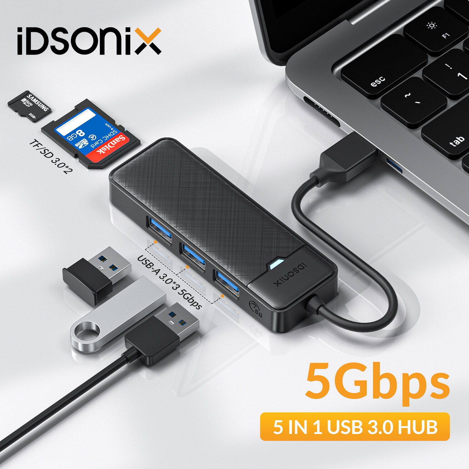 5 Ports USB 3.0 Type A HUB Adapter SD/TF Card Reader Multiport Splitter For PC