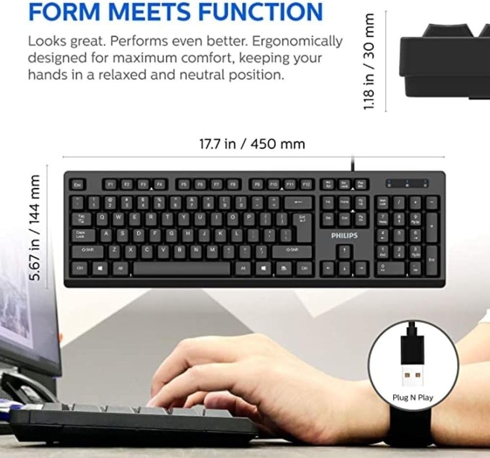 Philips USB Keyboard for Home or Office – 104/105 Quiet-Click Keys, Ergonomic, L