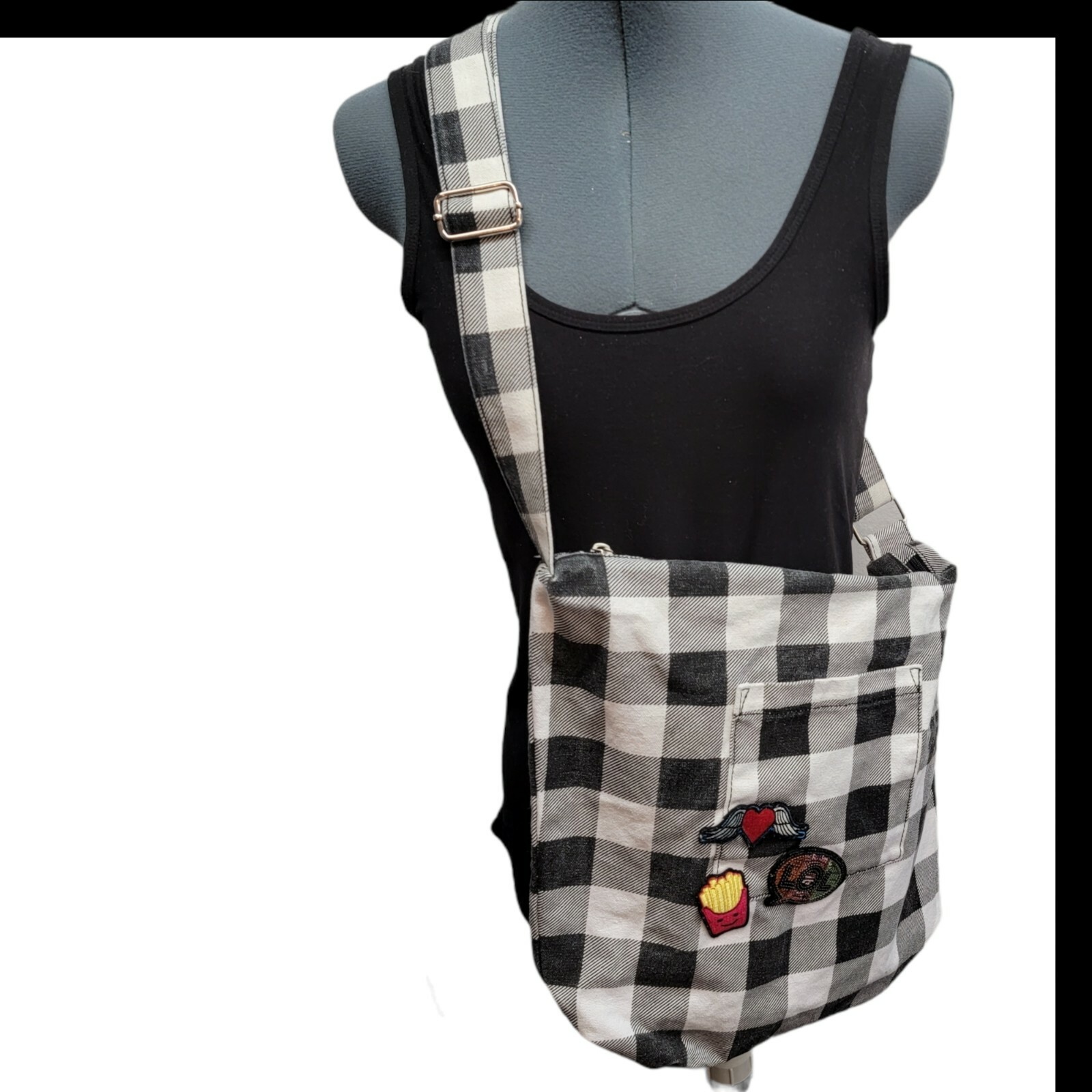 LOL Denim Tote Book Bag black white checkered Hand Carrying or Crossbody Strap