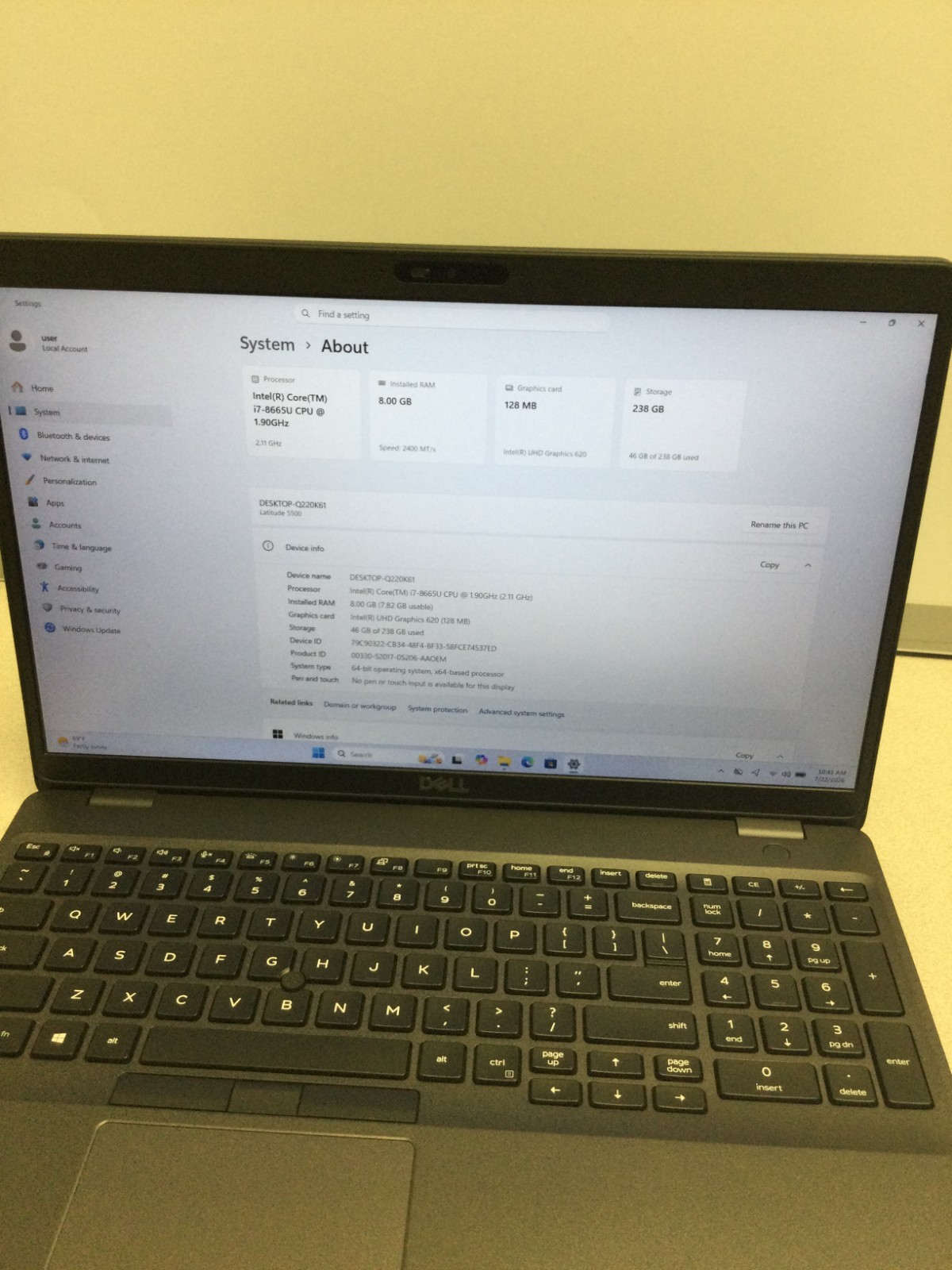 Dell Latitude 5500 15.6″ 256GB SSD Core i7-8665u, 1.90GHz 8GB RAM GB WIN 11 PRO
