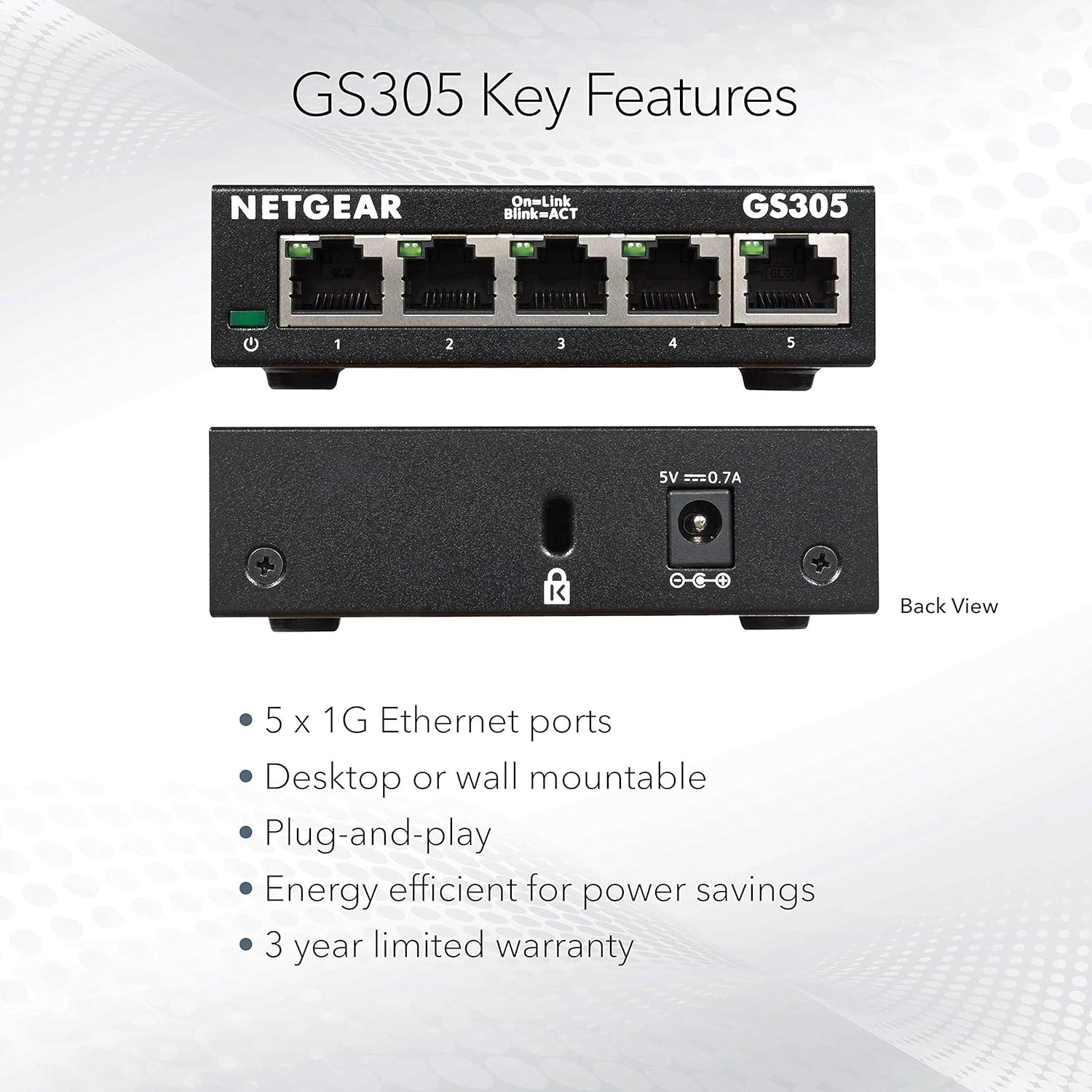 5-Port Gigabit Ethernet Unmanaged Essentials Switch (GS305) – Home Network Hub,