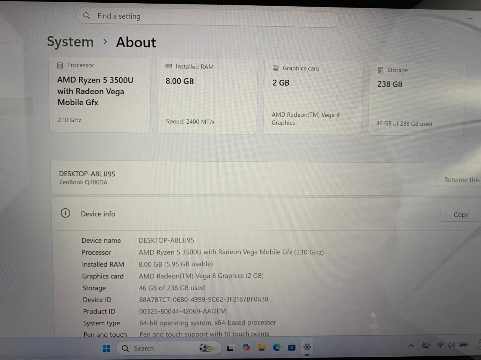 Asus ZenBook Q406D, AMD Ryzen 5 3500U 2.1GHz, 8GB RAM, 256GB SSD, Win 11 Home