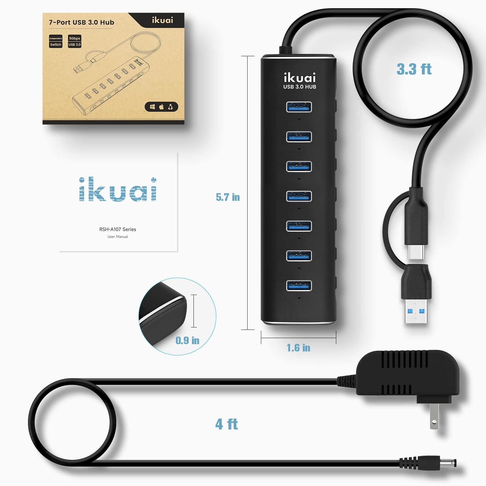 Powered USB 3.0 /USB C Hub, ikuai Aluminium 7-Port USB Hub Splitter with AC A…