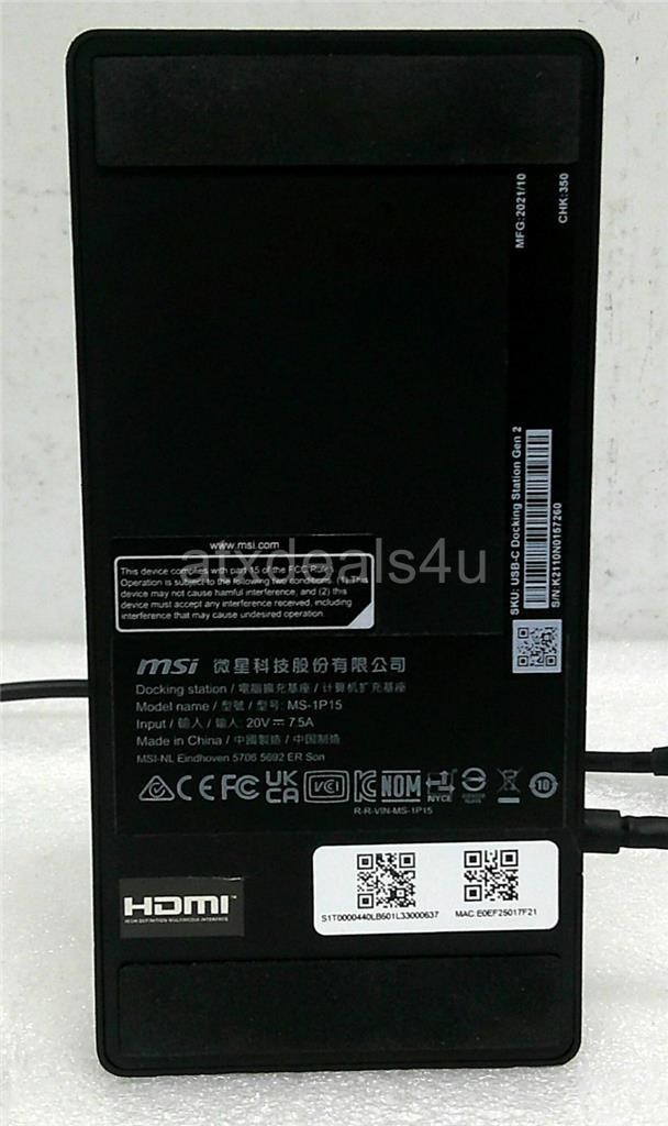 MSI MS-1P15 DP HDMI USB 2.0 RJ-45 USB-C Docking Station Gen 2