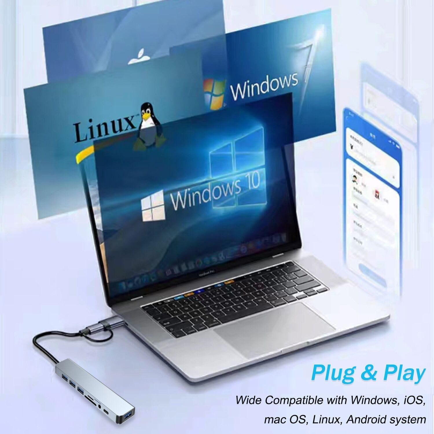 8-in-1 USB Hub: Aluminum Extension with SD Reader & 5Gbps Data Transfer, Silver