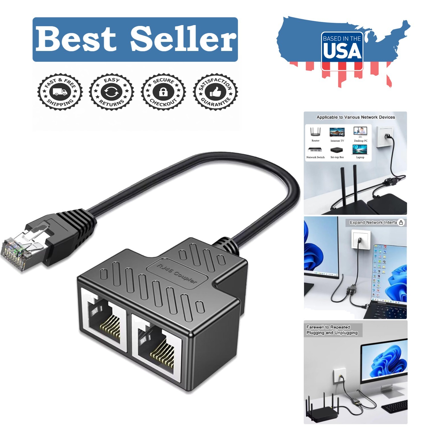 Gold-Plated RJ45 Ethernet Splitter for Cat 5/6/7/8 – Durable Networking Solution