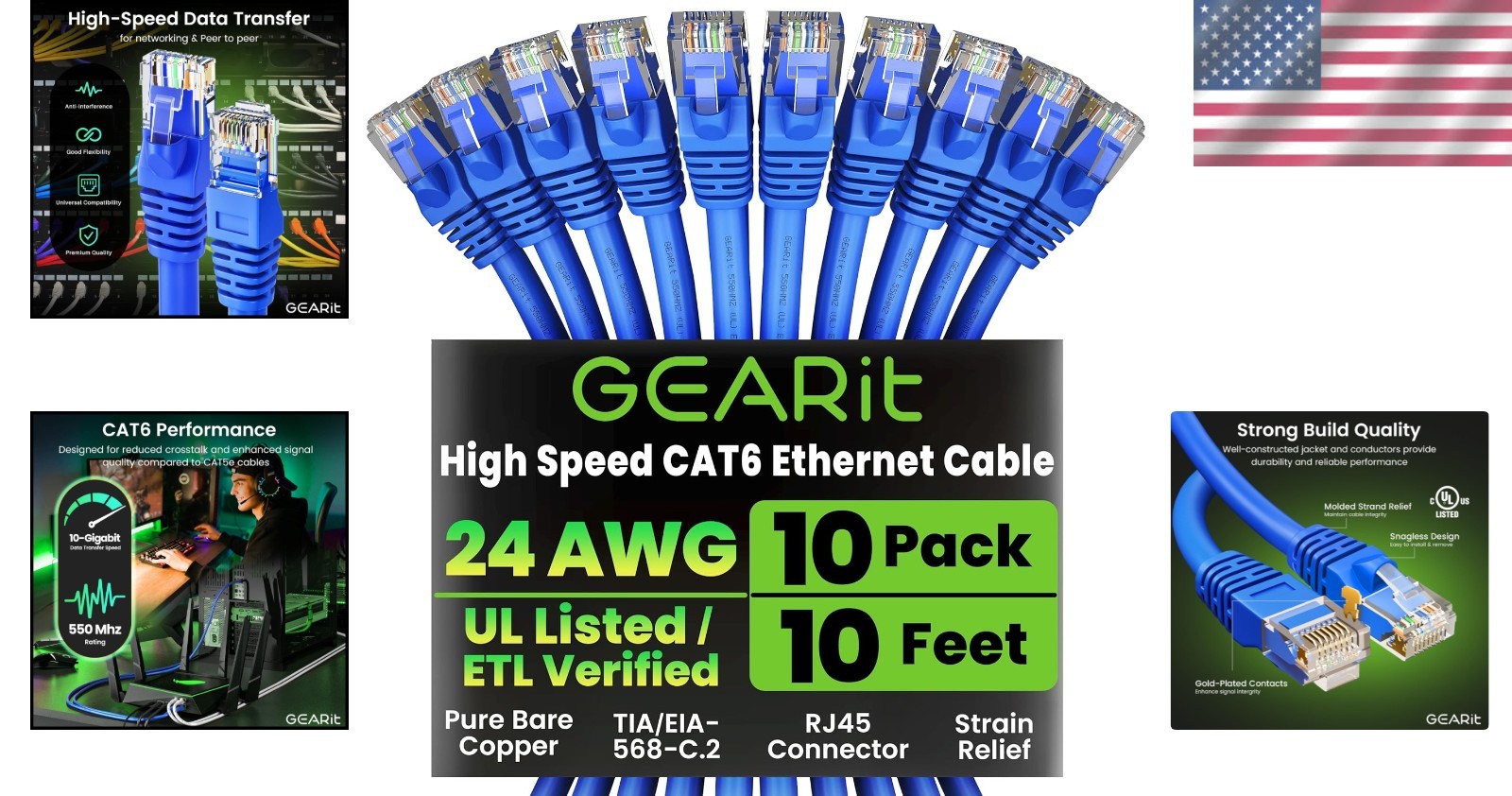 High-Speed 10-Pack Cat 6 Ethernet Cables – 10 ft Snagless Gold-Plated Connectors
