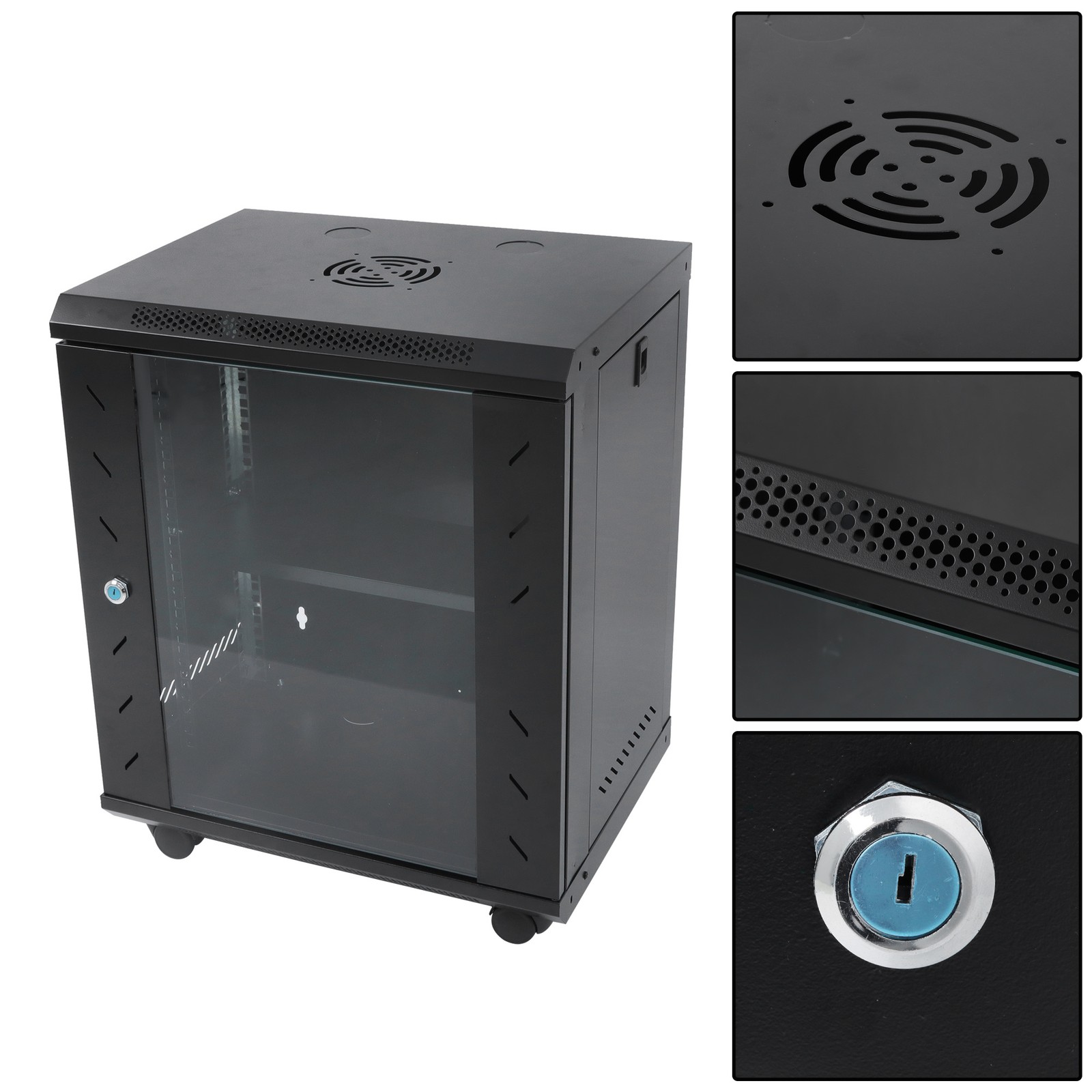 12U Wall Mount Server Rack 15.5″ Deep Locking Glass Door & Panels