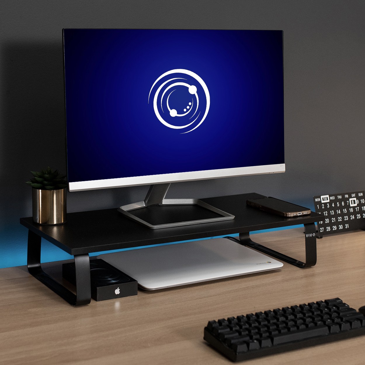 VIVO Black Wood 24″ Wide Desktop Stand Ergonomic TV Monitor Riser Desk Organizer