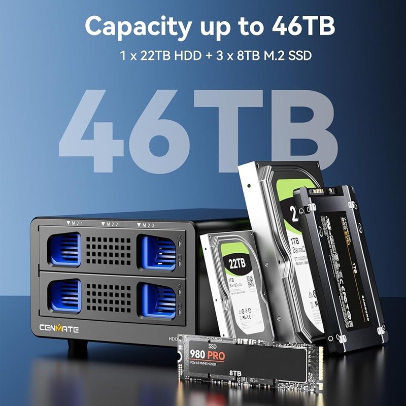 Hybrid HDD NVMe SSD Enclosure Up to 46TB 10Gbps USB 3.2 Tool-Free Installation