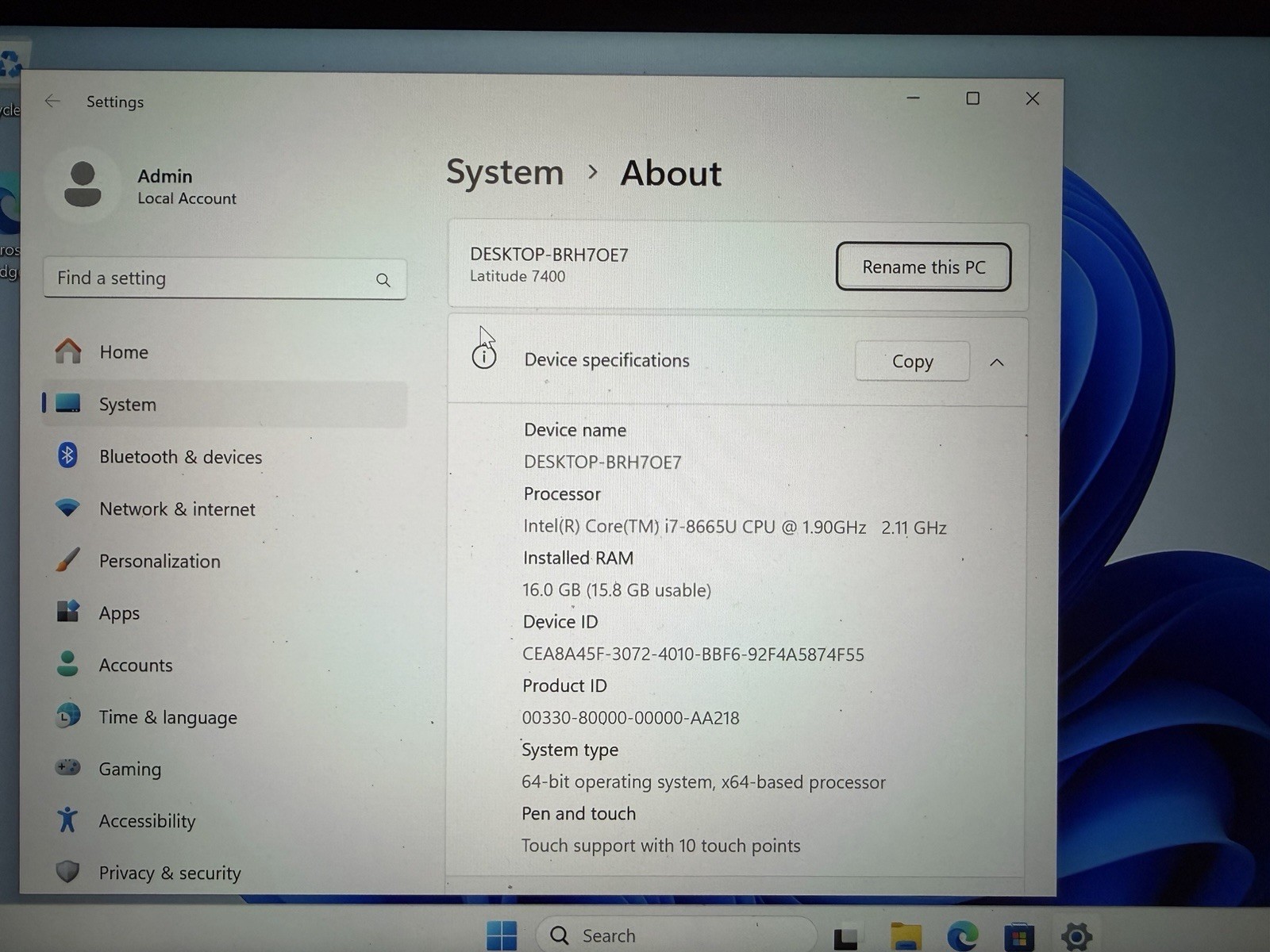 Dell Latitude 7400 14″ Touch Intel Core i7-8665U 16GB RAM 256GB SSD Black W11Pro
