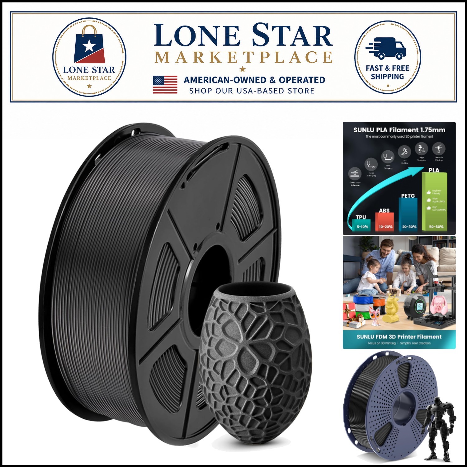 1kg Black PLA 3D Printer Filament, 1.75mm | Dimensional Accuracy +/- 0.02mm