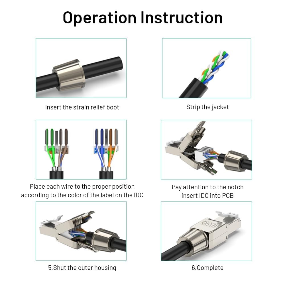 Cat7 Cat6A RJ45 Connector 12-Pack, Tool-Free Alloy Shielded Ethernet Terminat…