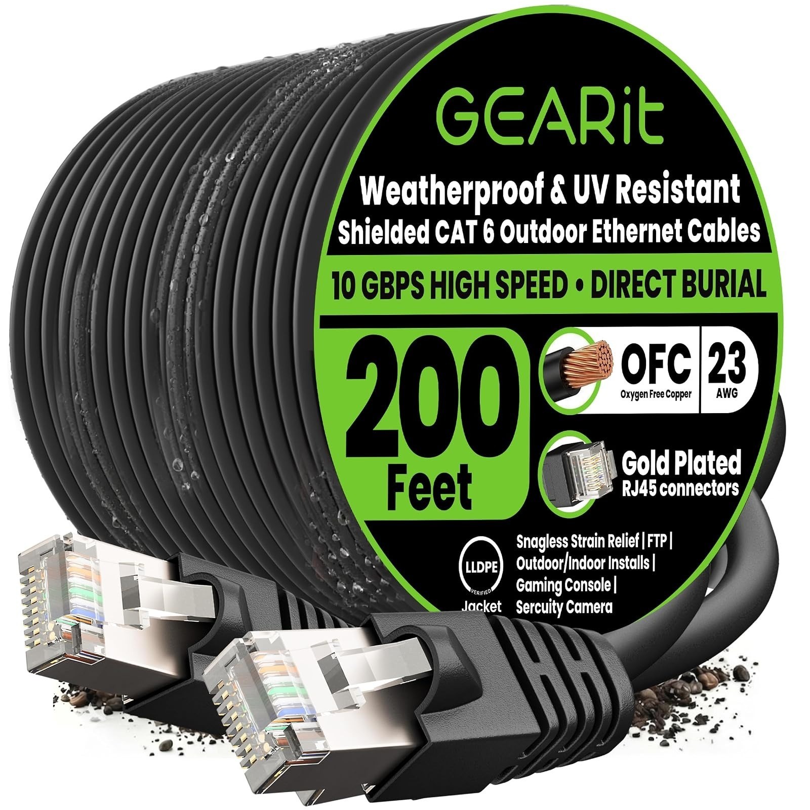 GEARit Cat6 Outdoor Ethernet Cable 100ft 23AWG Waterproof UV Resistant