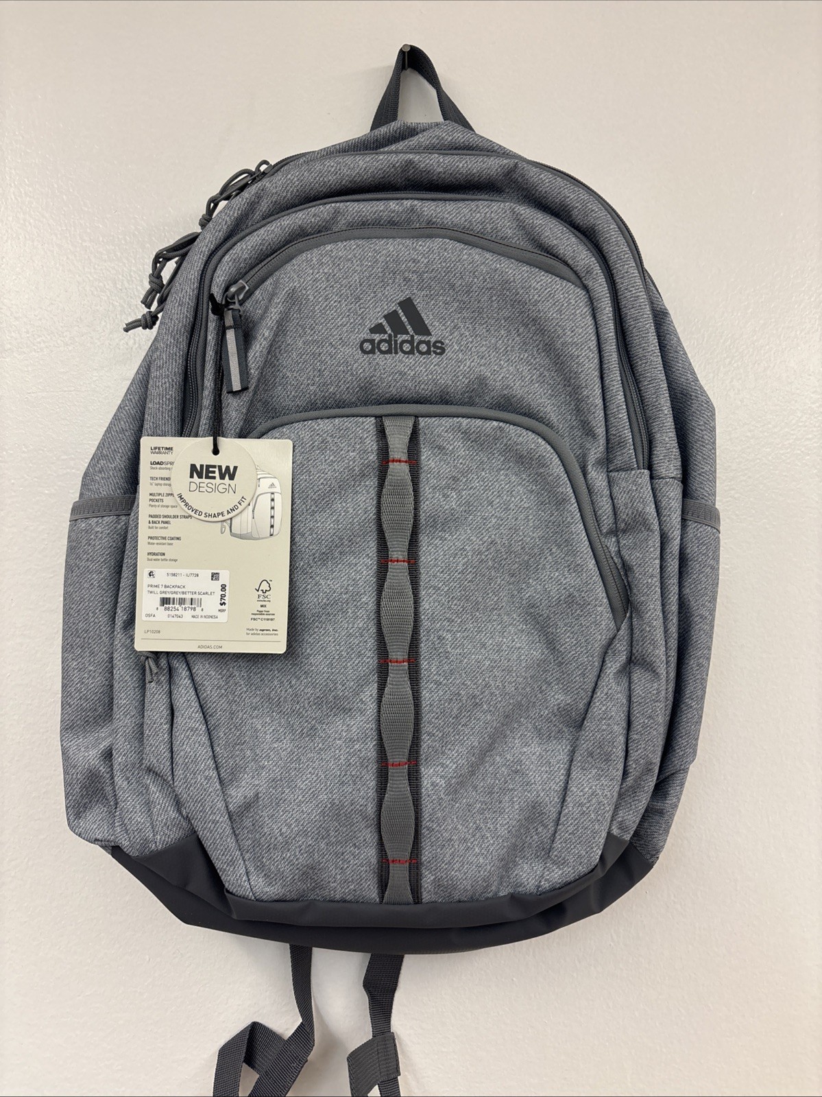 adidas Prime Backpack for Work, One Size, Twill Grey/Grey/Better Scarlet/2
