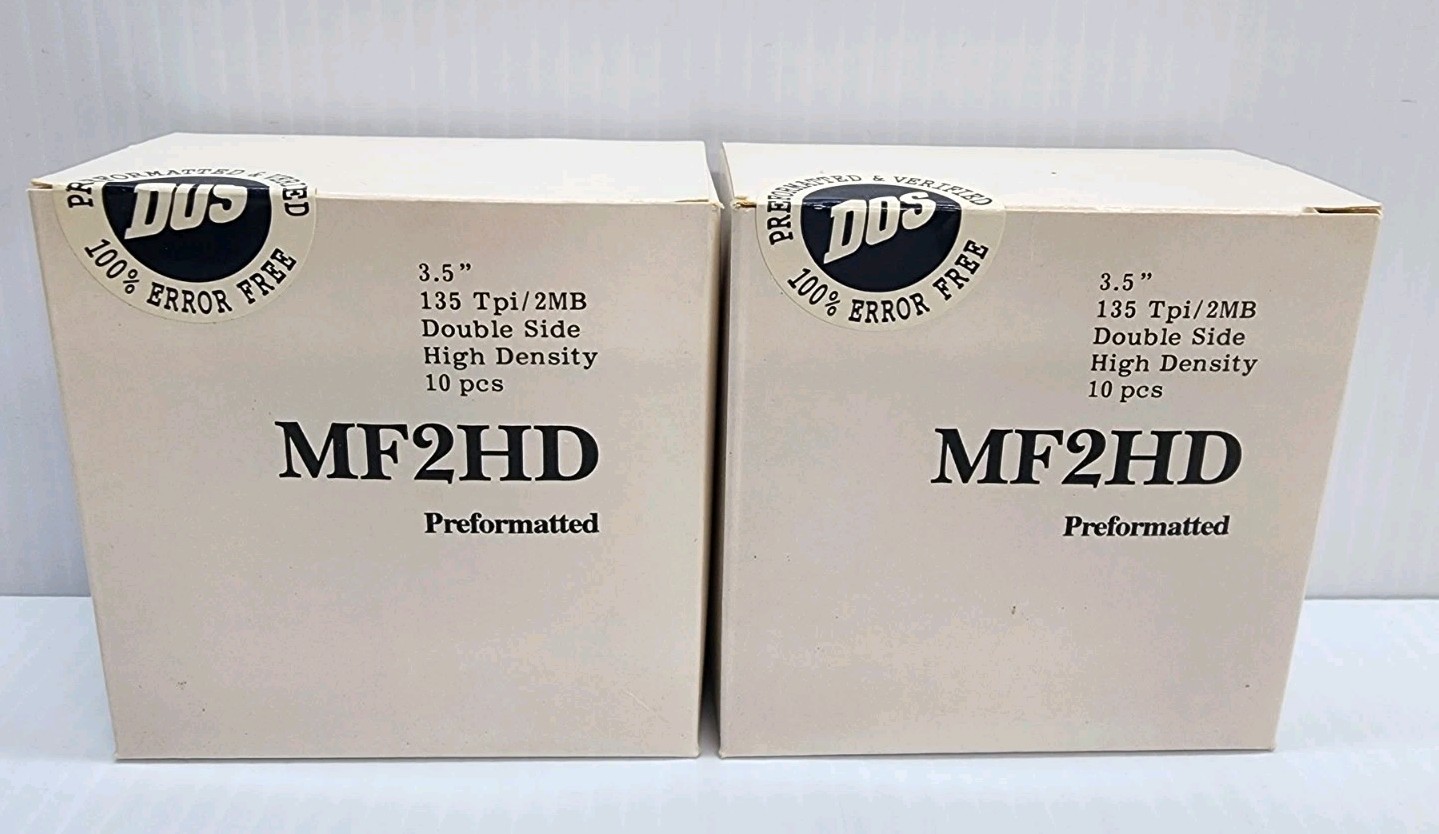 (20) MF2HD 3.5″ Preformatted Floppy Discs 135 Tpi/2MB – 2 Sealed Boxes of Disks