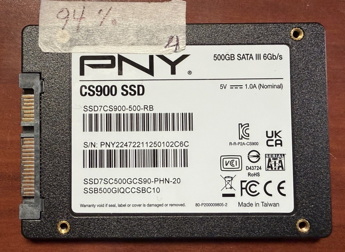 500GB 2.5″ SATA SSD HDD PNY SSD7C900-500-RB 94% Good Health Status