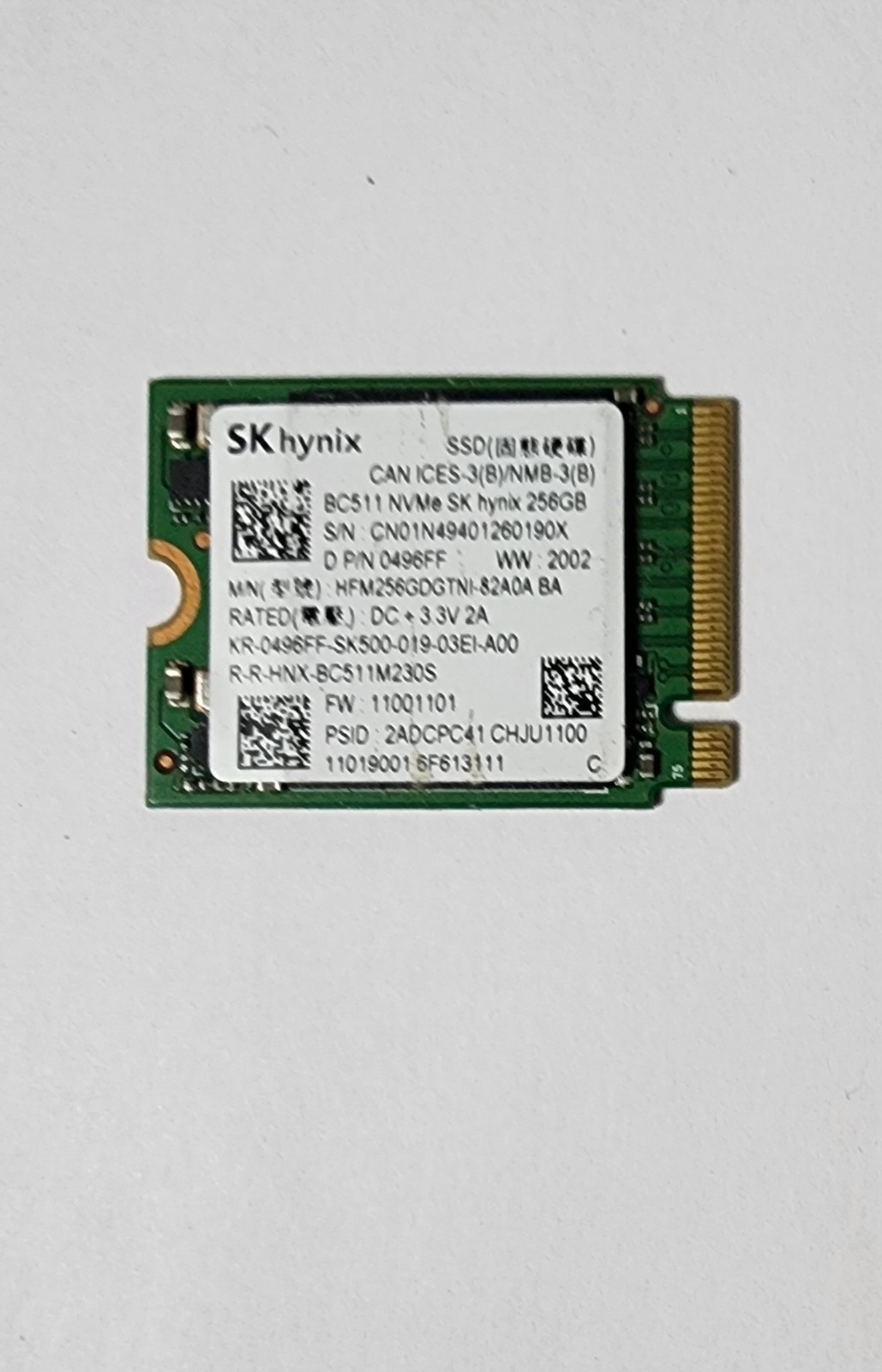 SK Hynix 256GB Gen3 x4 NVMe M.2 SSD BC511 HFM256GDGTNI – 82A0A BA