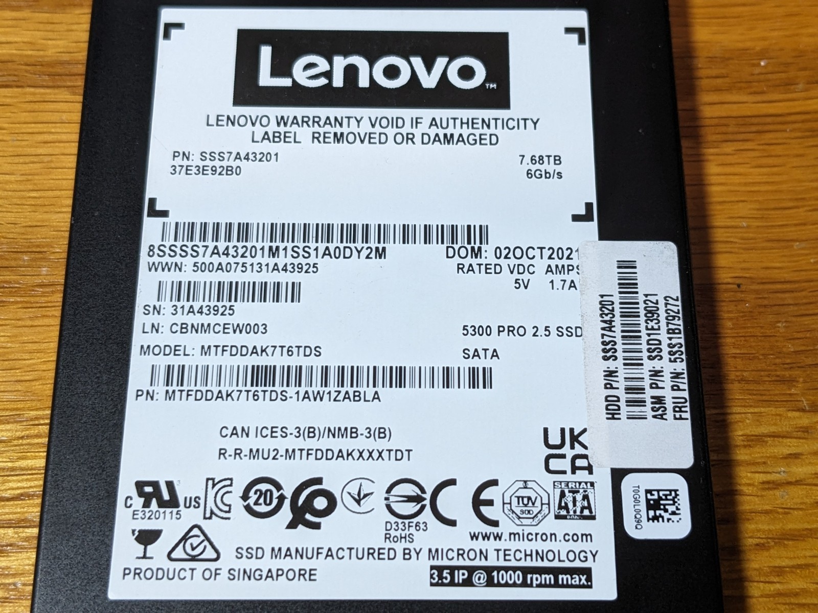 Micron 7.68TB 5300 Pro 2.5″ SATA Solid State 7mm SSD MTFDDAK7T6TDS – 100% Health