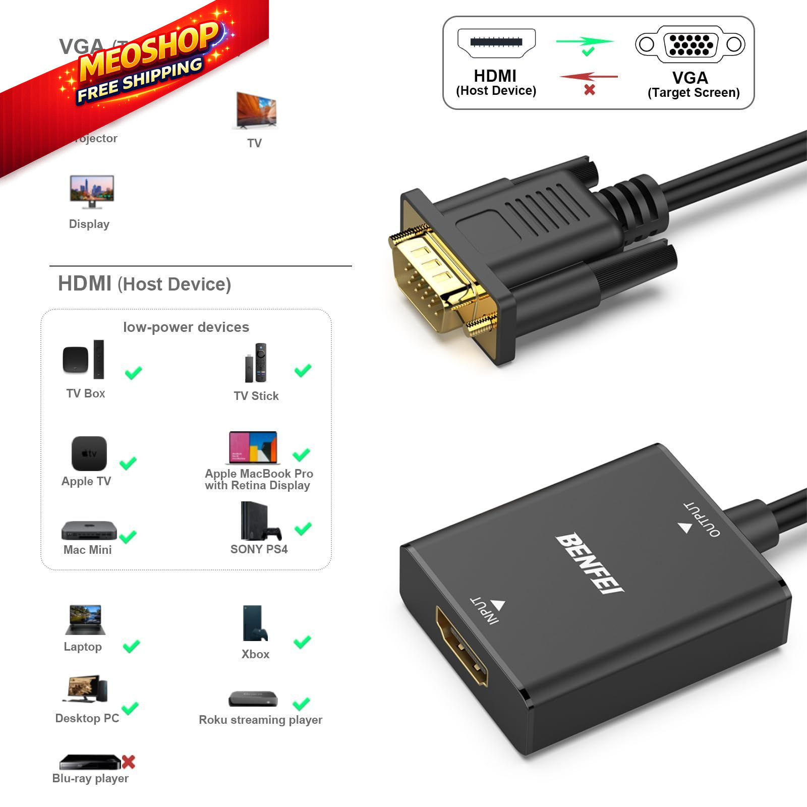 BENFEI HDMI to VGA, Uni-Directional Computer VGA 1 PACK, Black