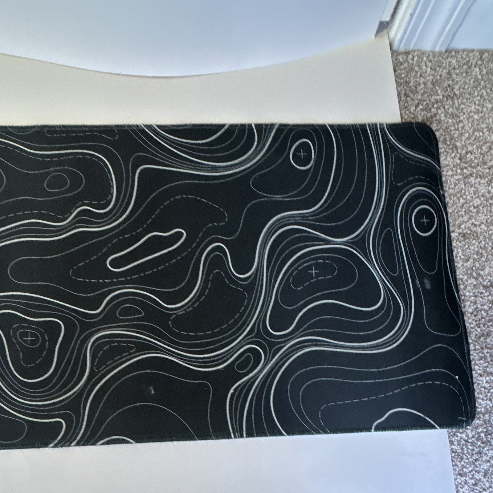 Black Patterned Mouse Pad Desk Mat Non-Slip Fabric Topographic Line Design