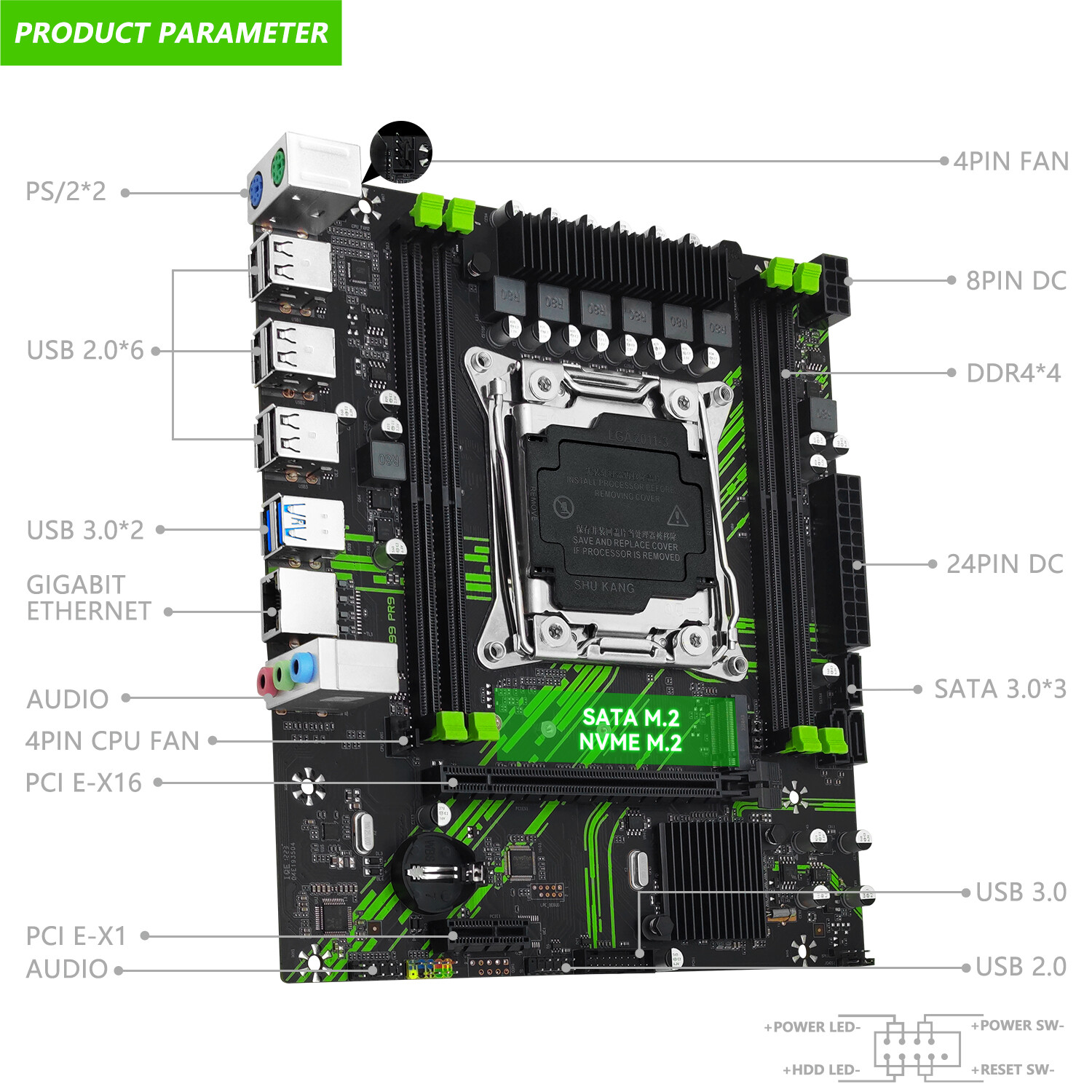 X99 PR9 LGA 2011-v3 Motherboard Four Channal SATA 3.0 M.2 for Intel Xeon E5 V3/4