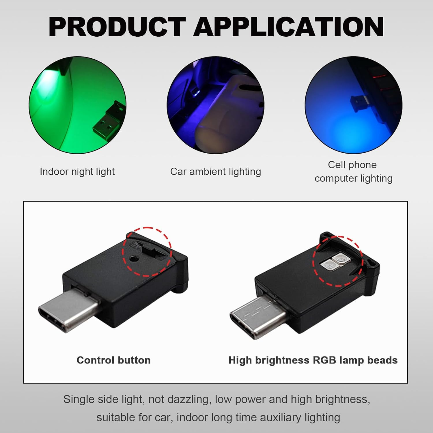 (1PC) RGB Car LED Interior Ambient Light USB Type C Smart Atmosphere Lamp 8 Co