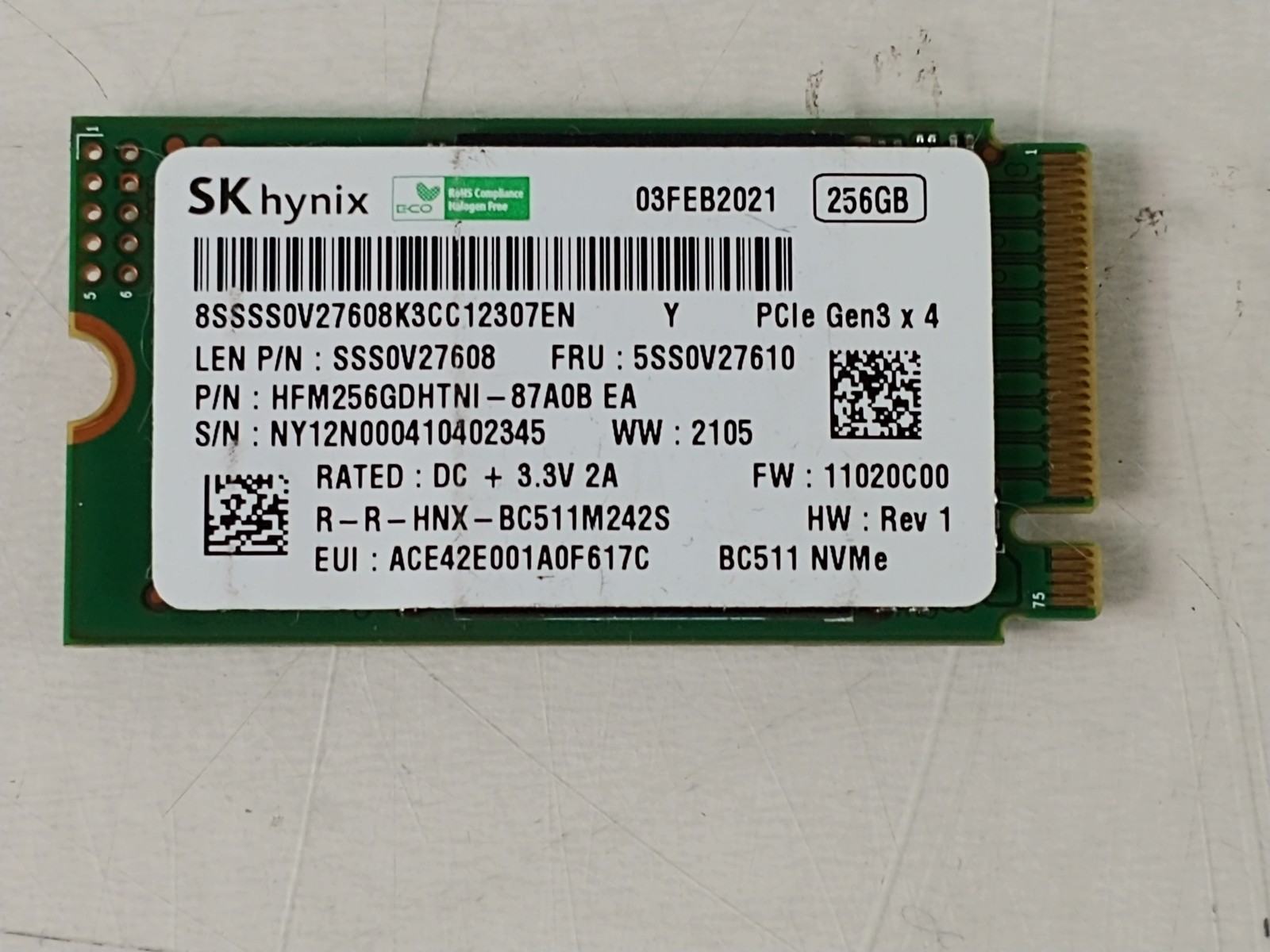 SK Hynix BC511 HFM256GDHTNI 256 GB NVMe 42mm Solid State Drive