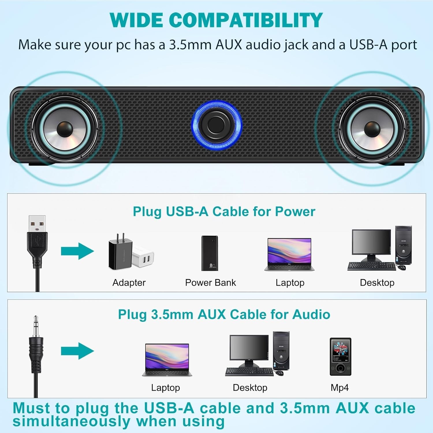Plug and Play Wired Stereo Speakers with USB-A and AUX for Computers & Laptops
