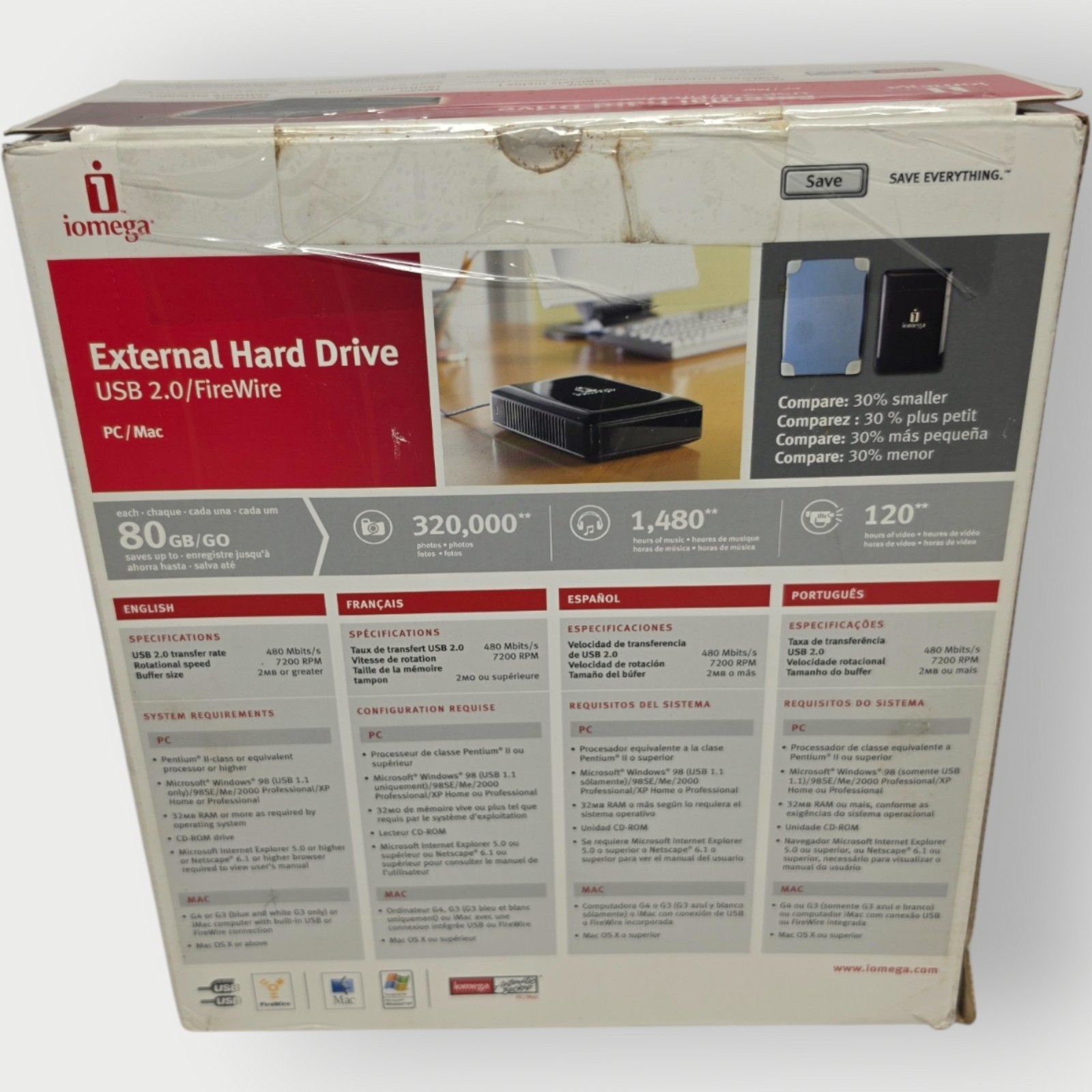 Iomega 120GB External Hard Drive USB 2.0 FireWire 7200 RPM PC Mac Open Box