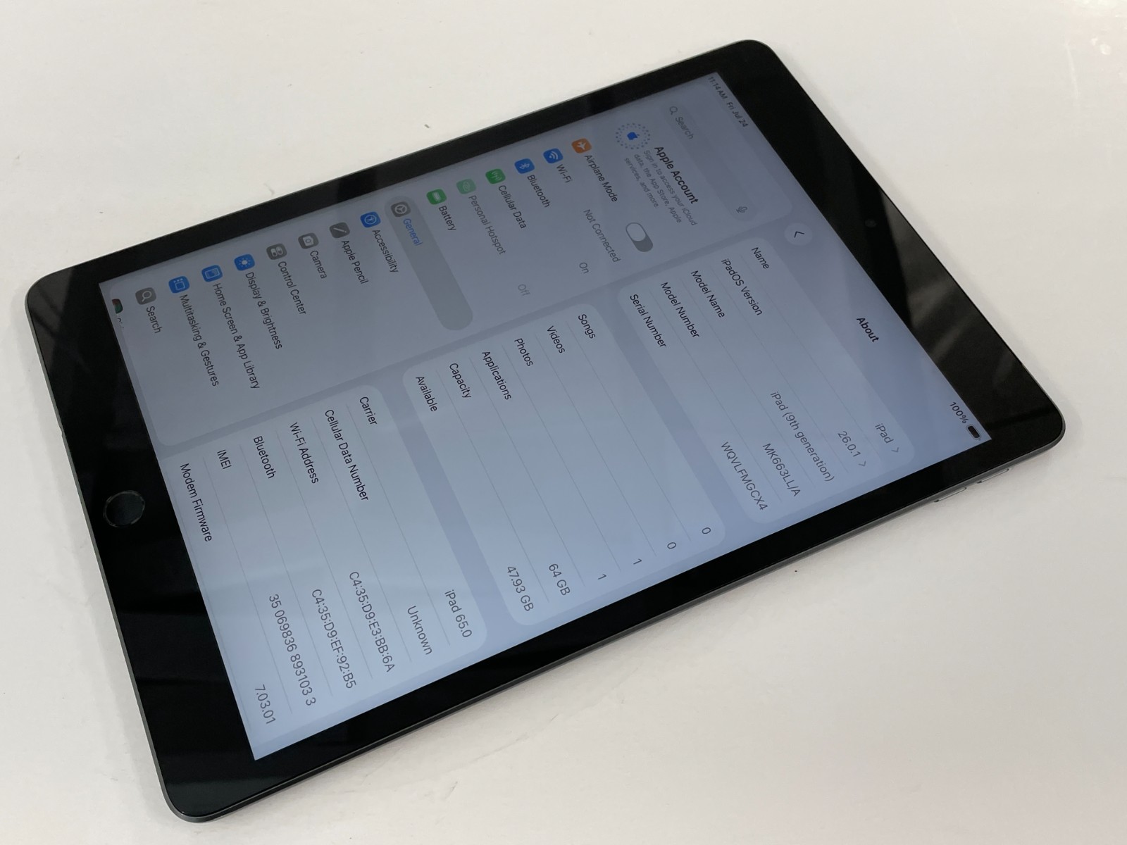 Apple iPad (9th Gen) 64 GB – 10.2 in – Gray (Wi-Fi + Unlocked) Works – 94% Bat.