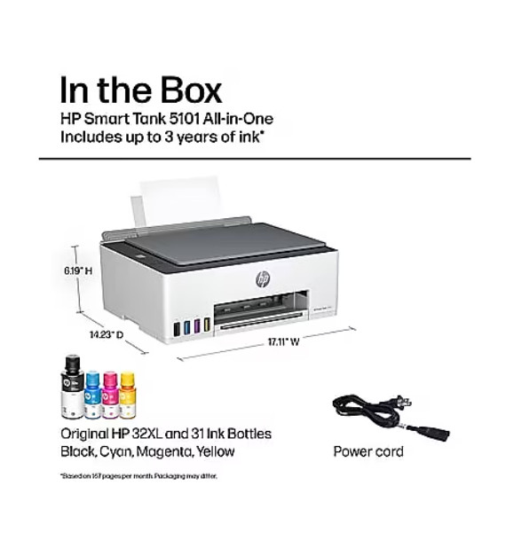 HP Smart Tank 5101 Wireless All-in-One Cartridge Free Tank Printer with Up to 3