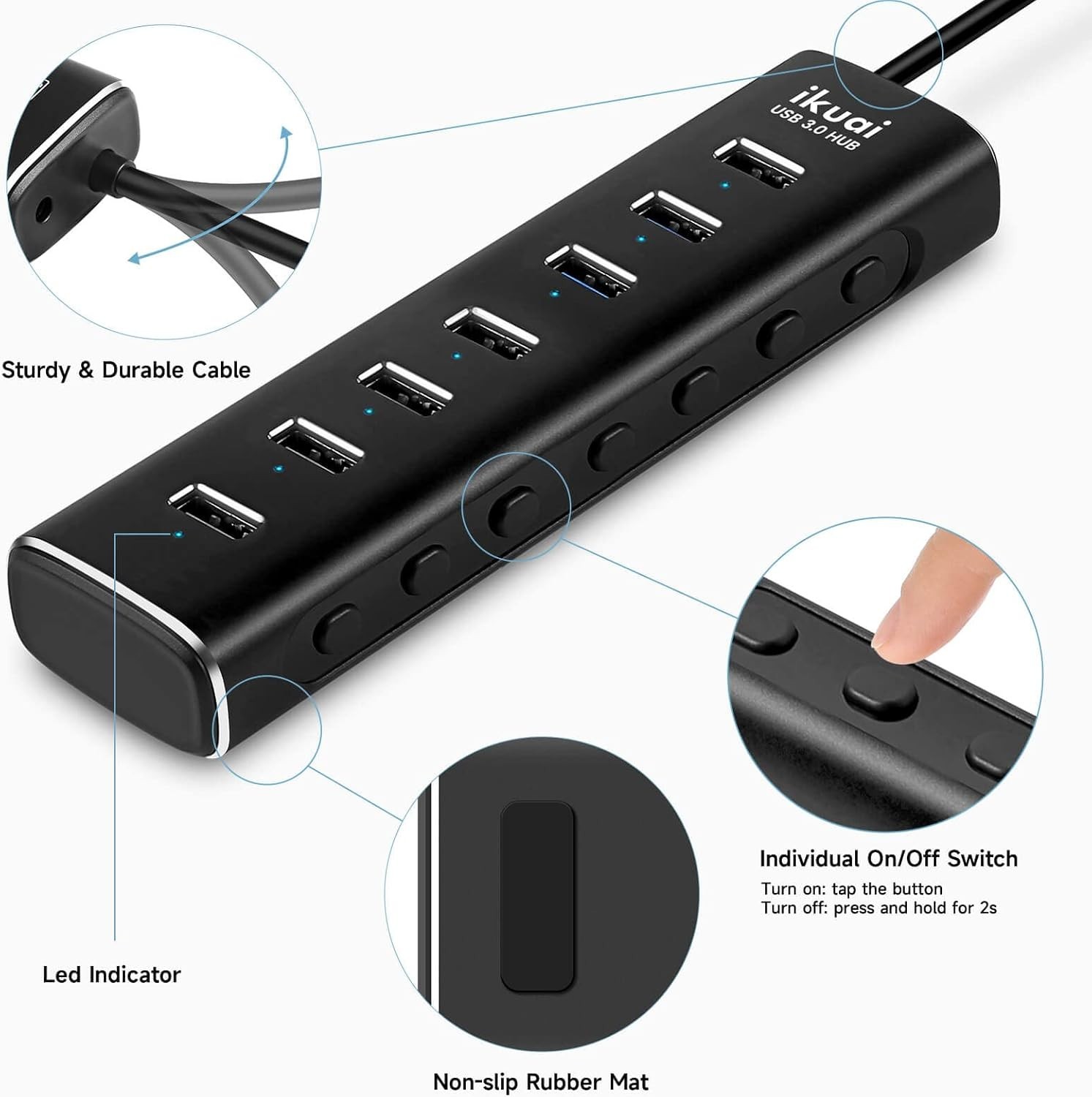 Powered USB 3.0/USB C Hub, Aluminium 7-Port USB Hub Splitter with AC Adapter LED