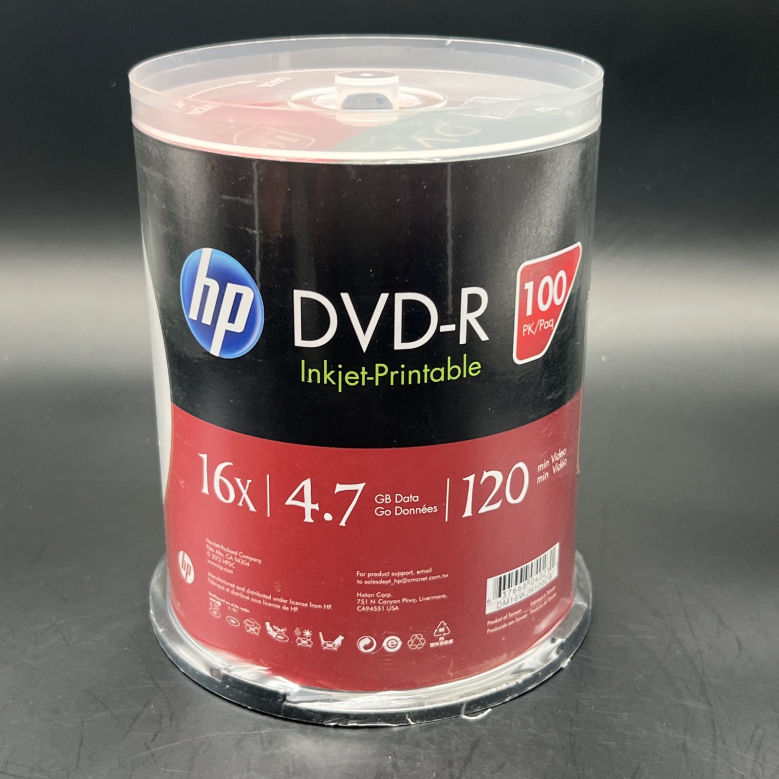 100 HP DVD-R DVD 16X Blank 4.7GB White Inkjet Printable Disc Spindle Cake Box